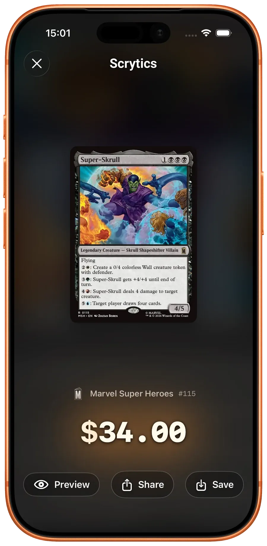 Full-screen Magic card presentation with artwork and printing details