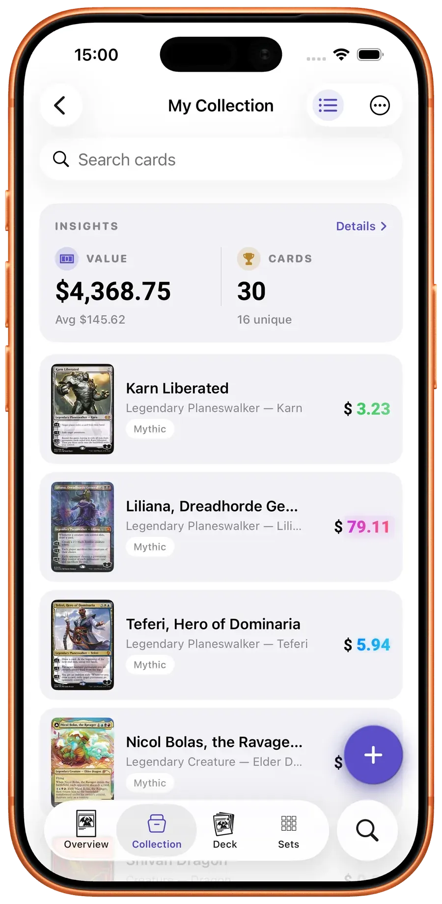 Scrytics collection detail with cards, quantities and current value