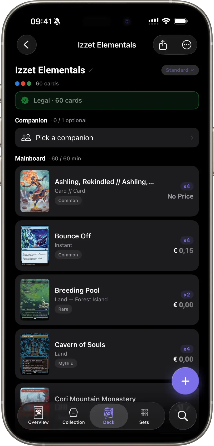 Scrytics deck detail — mana curve, format legality and price for a Magic deck