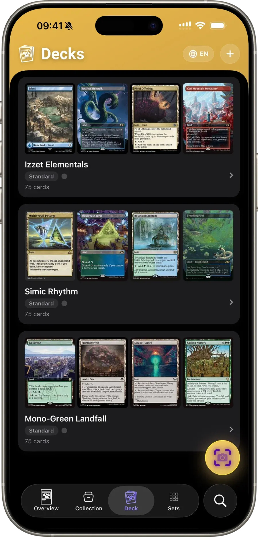 Scrytics decks tab — Magic: The Gathering deck builder for Standard, Modern, Commander, Pioneer