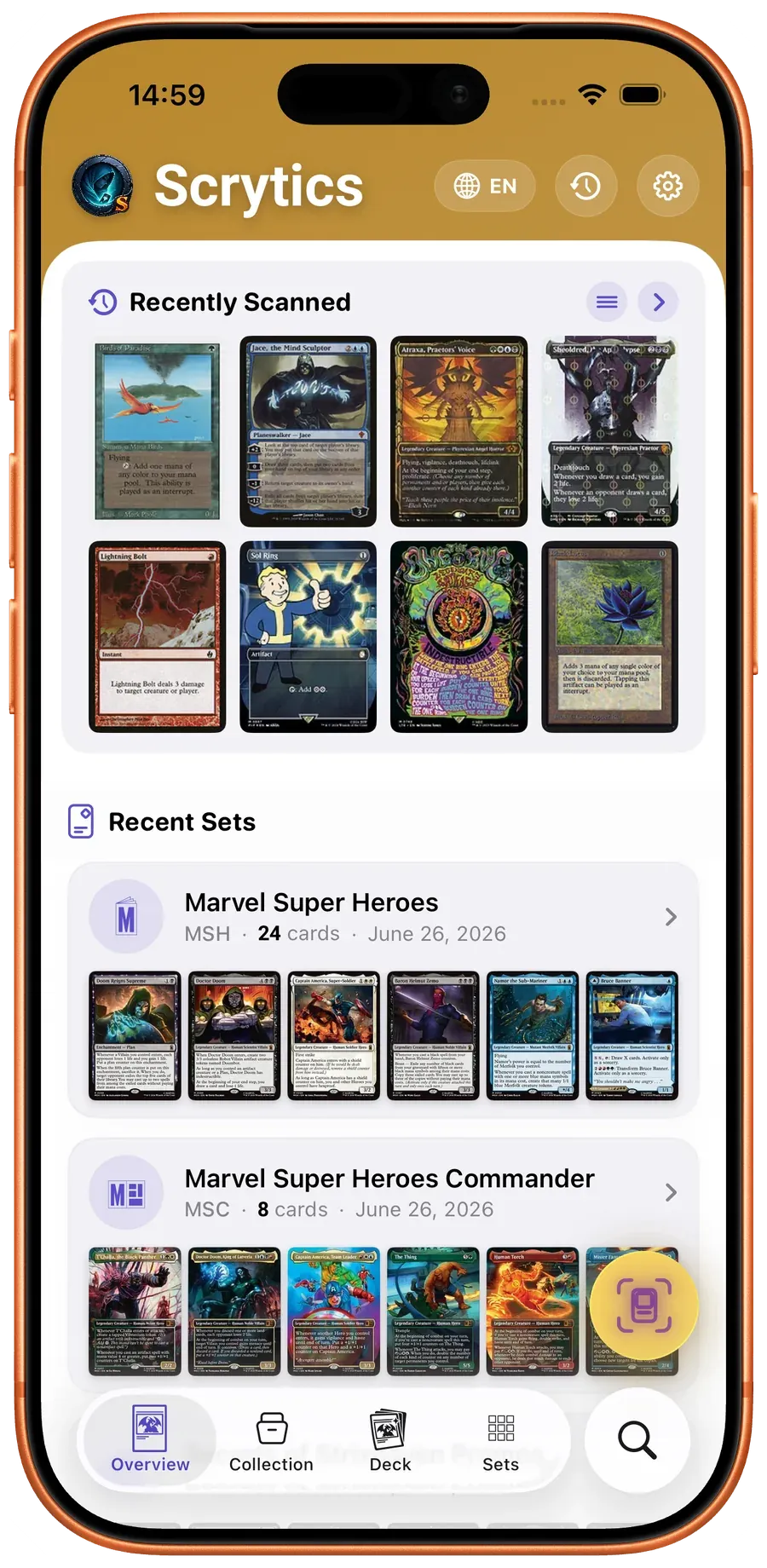Scrytics home screen — Magic: The Gathering card scanner, collection tracker, and 365-day price ledger on iOS