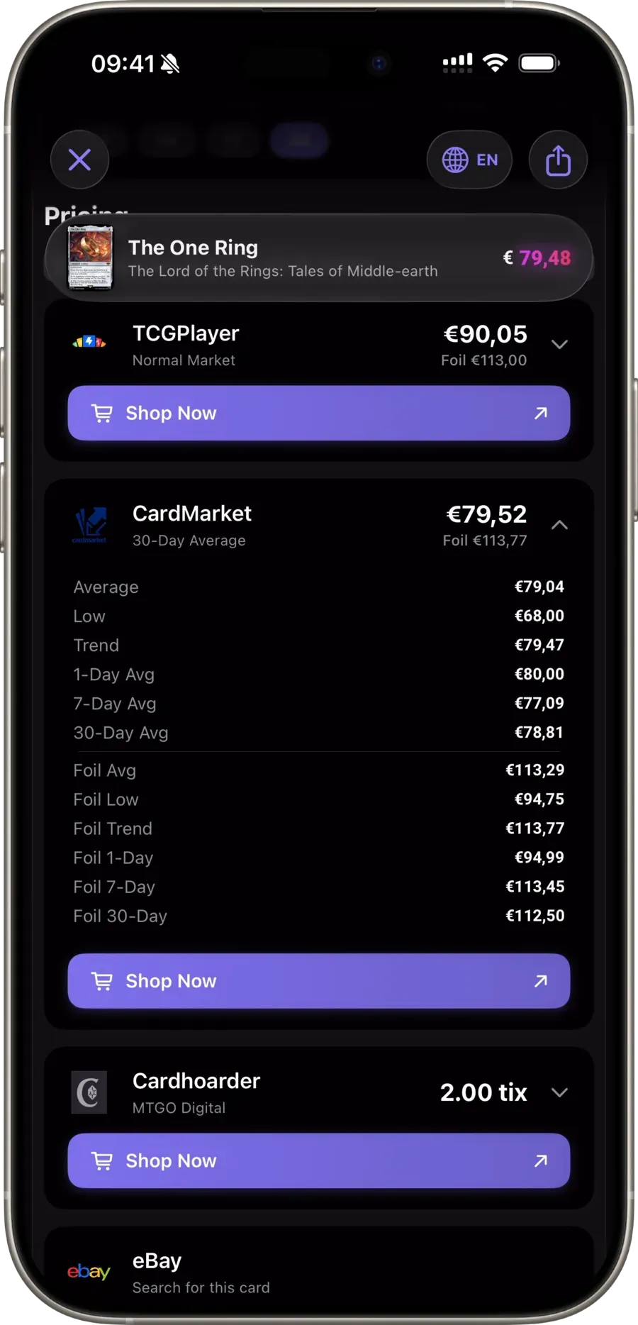 Price history with Scryfall, CardMarket and TCGPlayer markets stacked