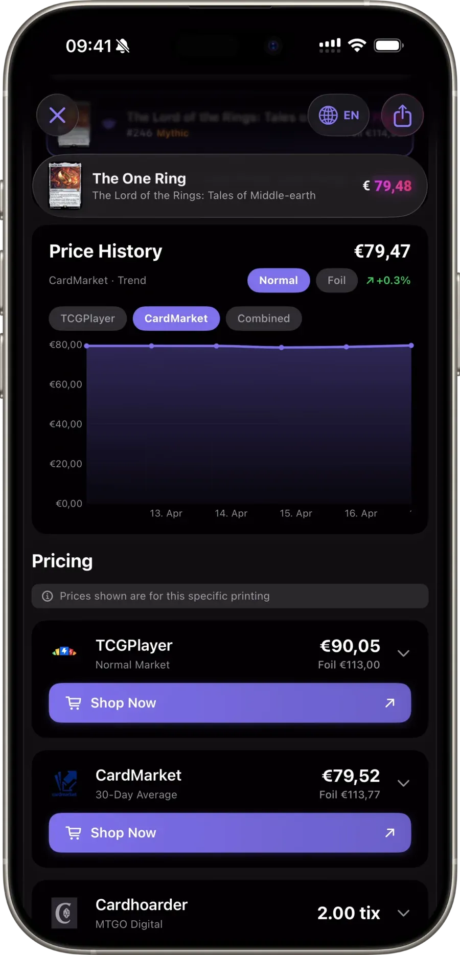 Scrytics price history chart — 365 days of MTG market data across Scryfall USD, CardMarket EUR, TCGPlayer