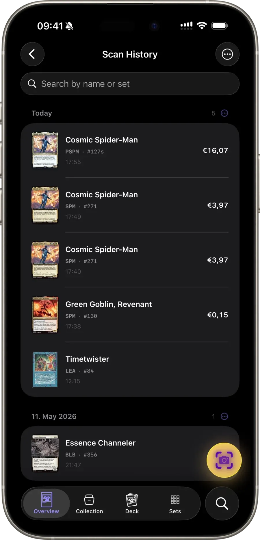 Scan history — every scanned MTG card with timestamp and live price