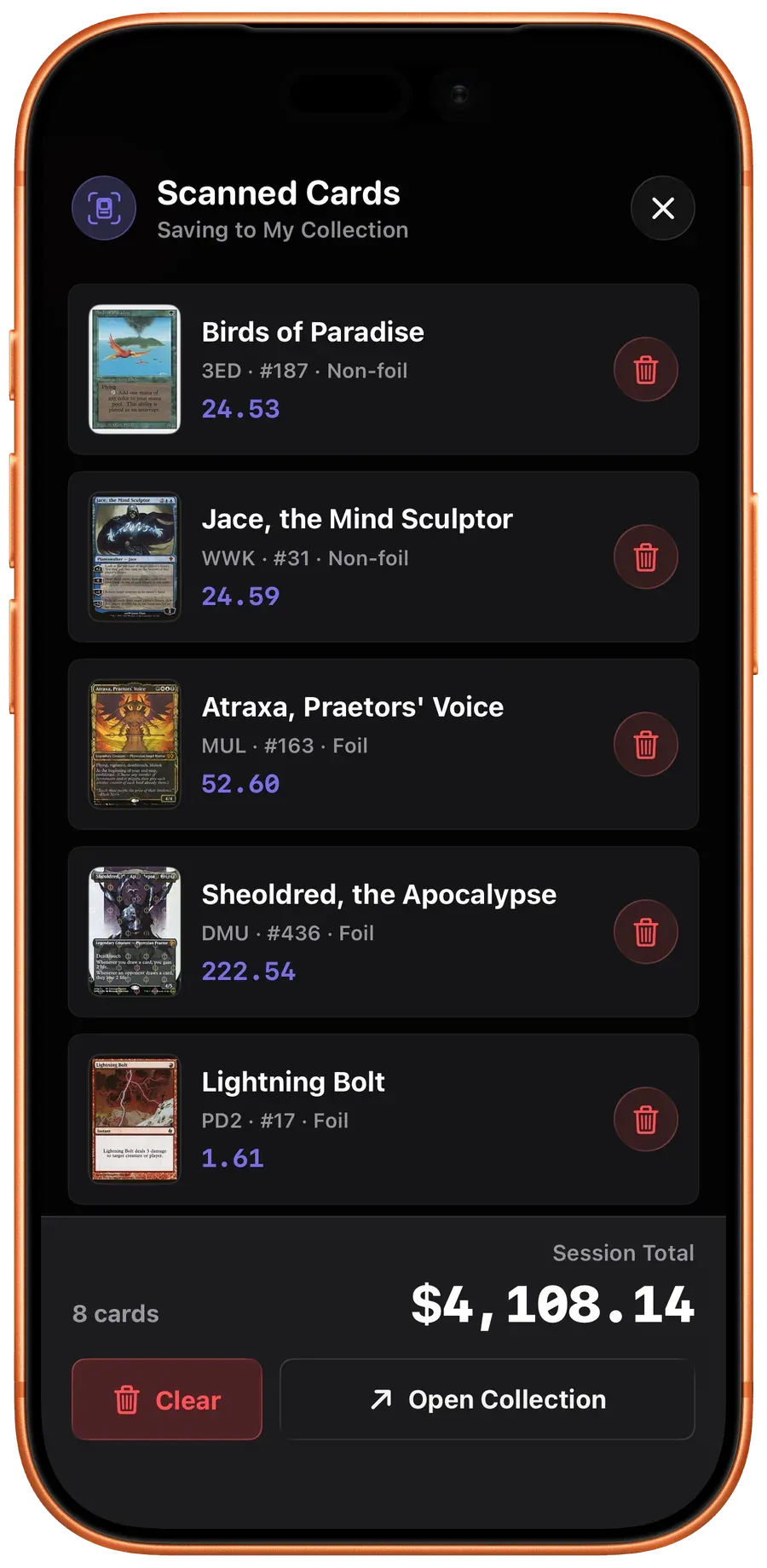 Continuous scan drawer — multiple cards recognised in one session