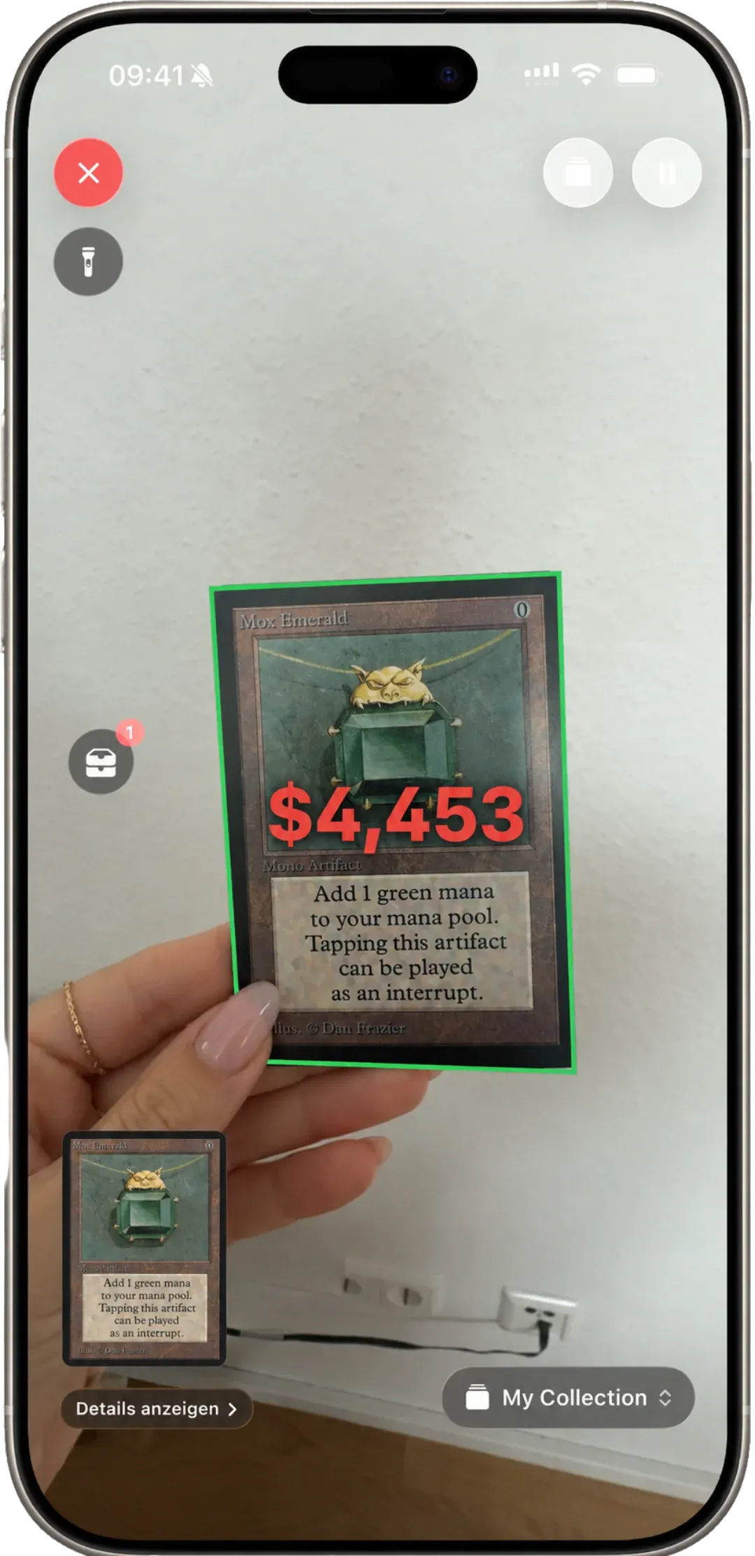 Scrytics scanning a Magic: The Gathering card — identified in under a second with live market price