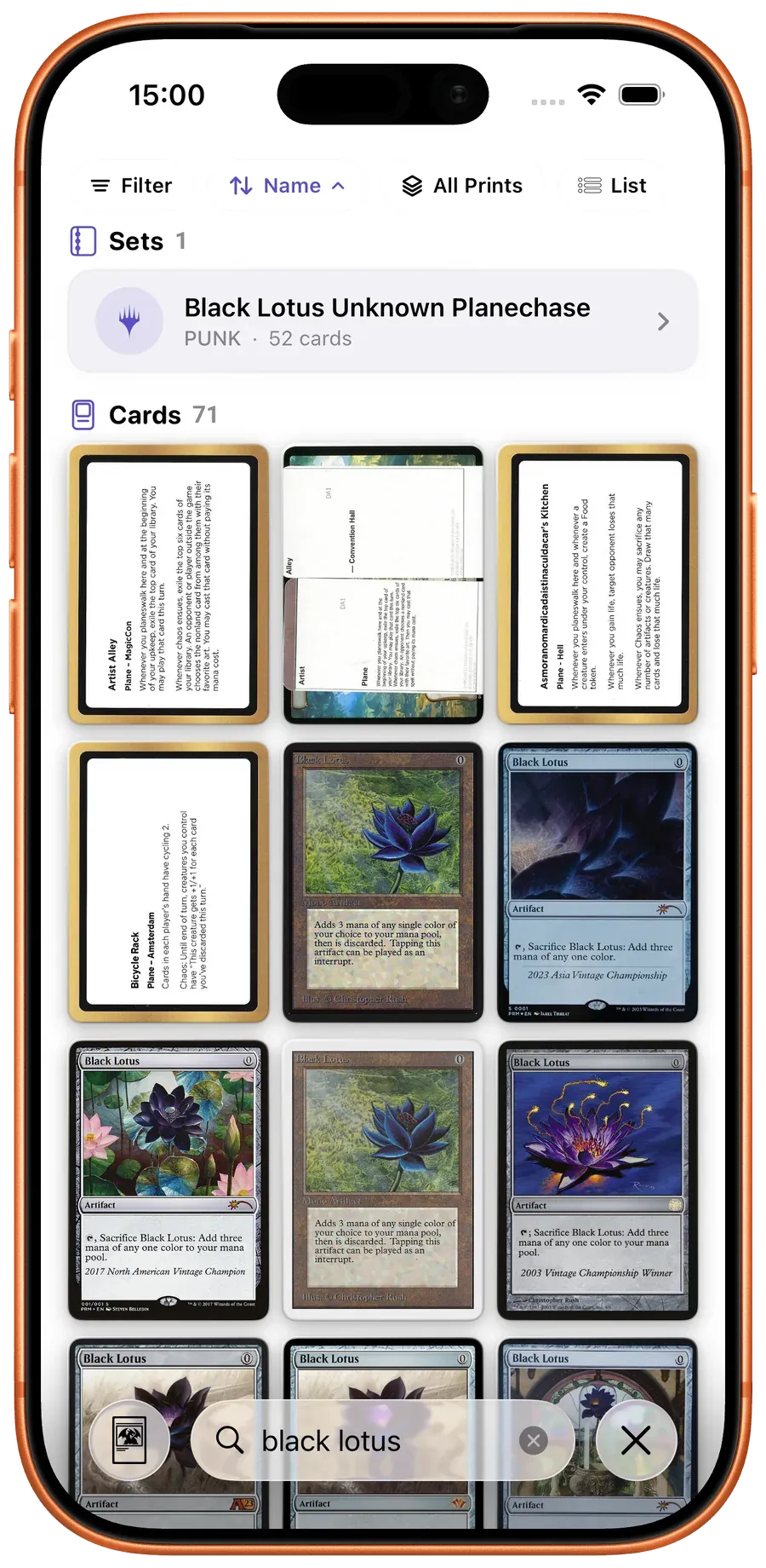 Scrytics search results — fuzzy matches for a Magic card name with live thumbnails