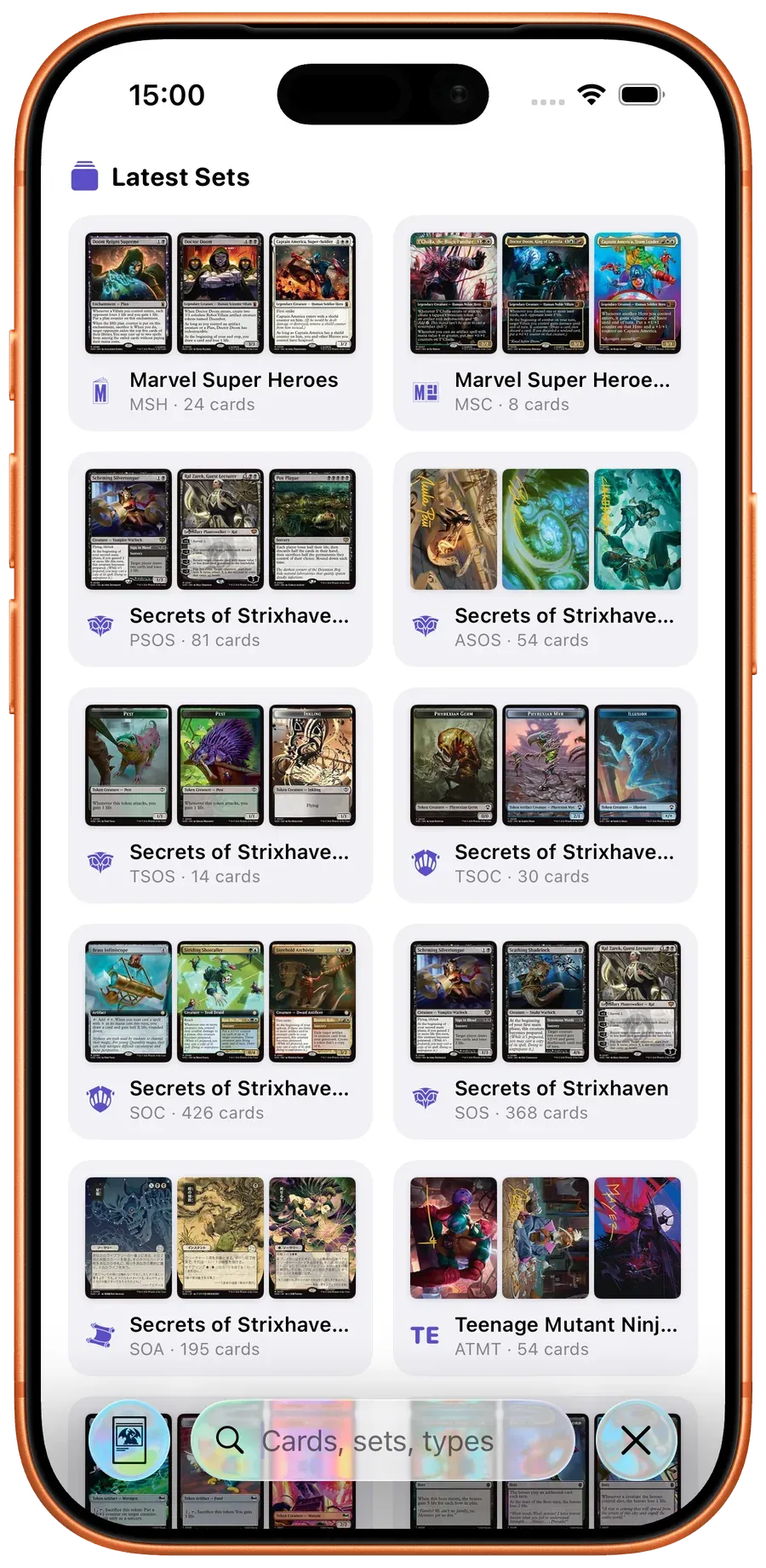 Scrytics search screen — typeahead across every Magic: The Gathering card in 10 languages