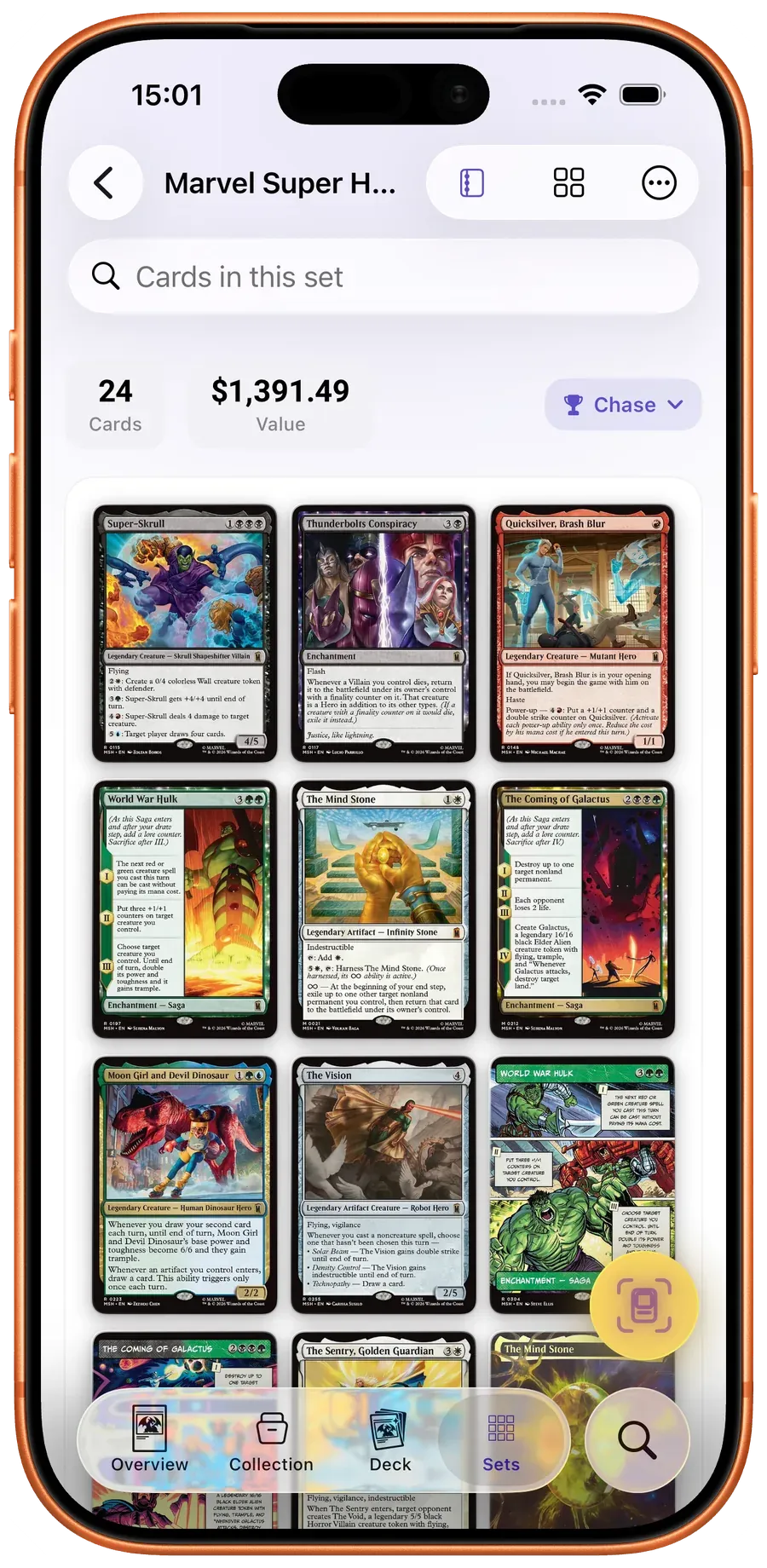 Scrytics set detail — every card in a MTG set with rarity, finishes and prices