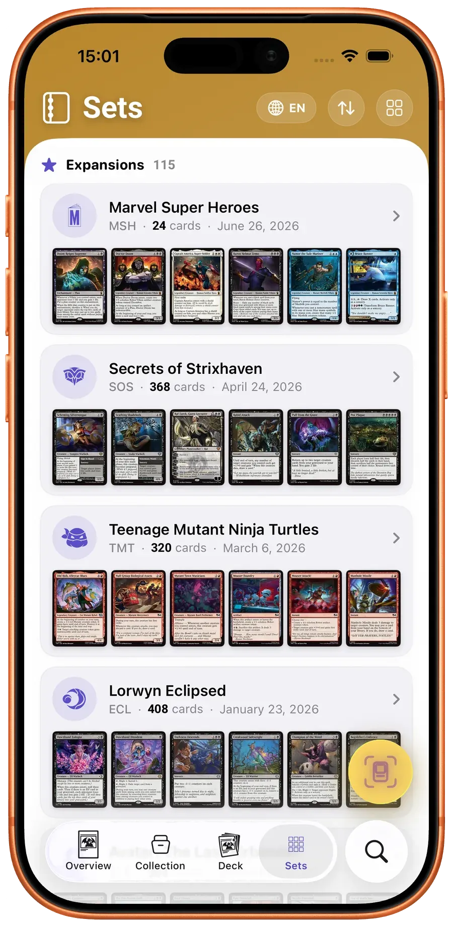 Scrytics sets tab — browse every Magic: The Gathering set from Alpha 1993 to the latest release