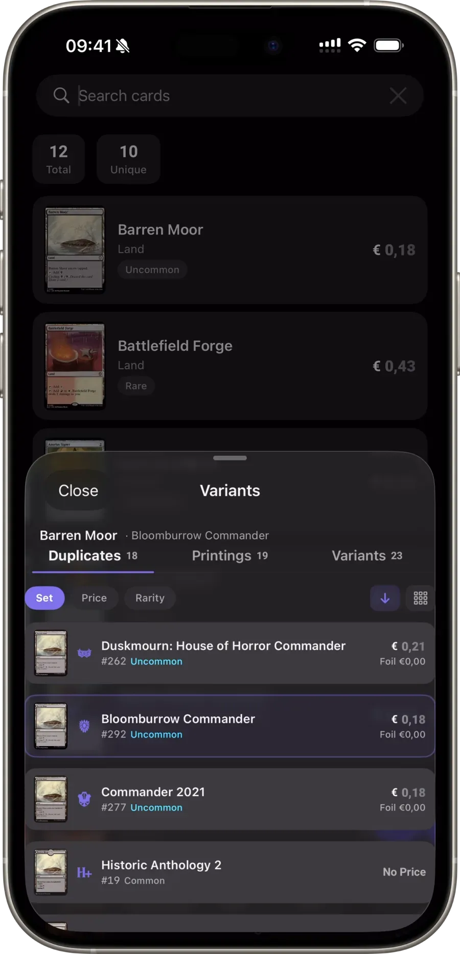 Scrytics variants screen — every printing and finish of a Magic: The Gathering card across sets