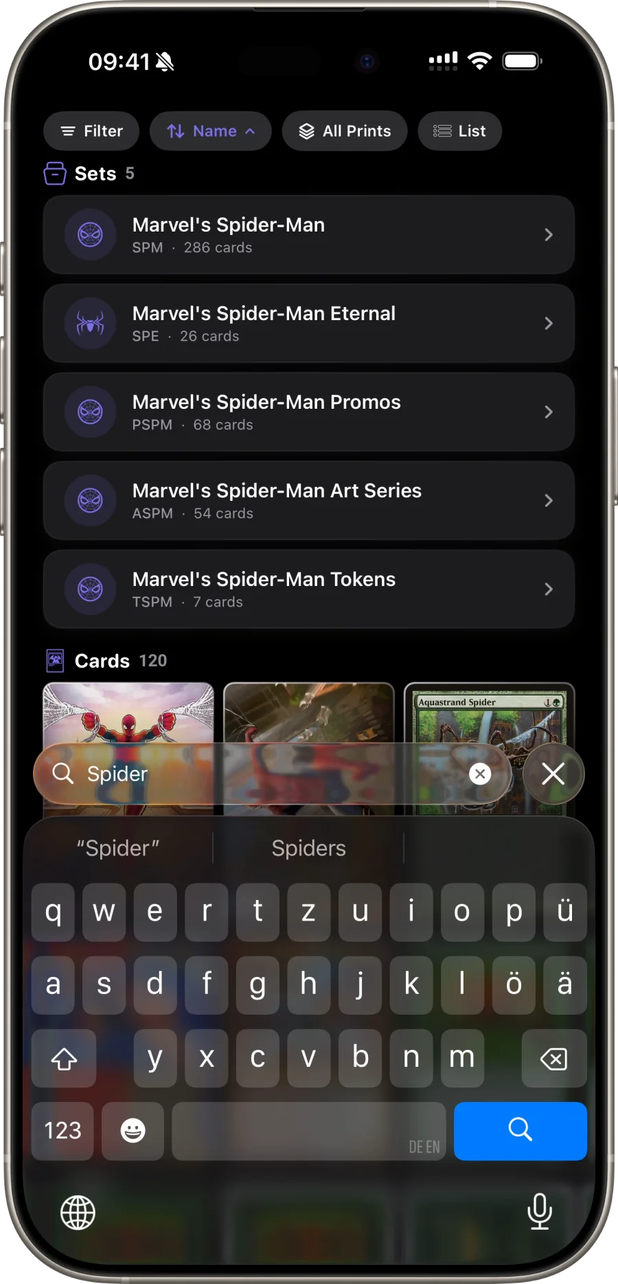 Scrytics search results — fuzzy matches for a Magic card name with live thumbnails
